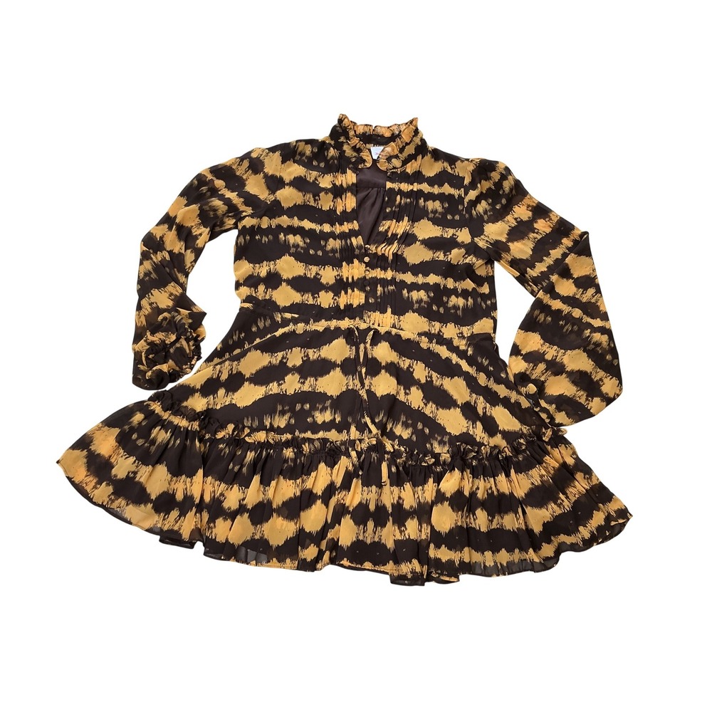 Buddy Love Grace Mini Dress Mustard Brown Tiger Print Ruffle Long Sleeve Medium - Picture 9 of 15